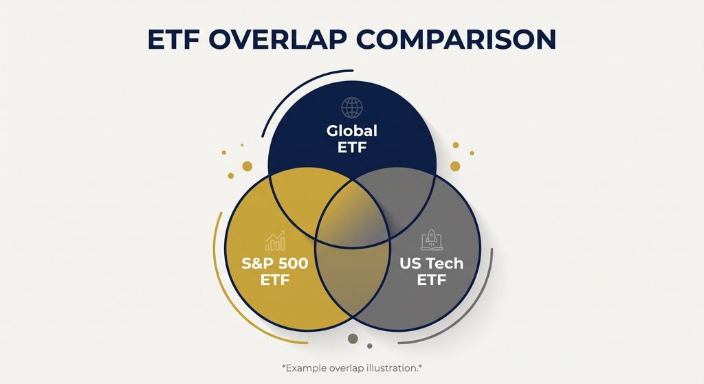 Venn diagram showing overlap between a global ETF, an S&P 500 ETF and a US technology ETF